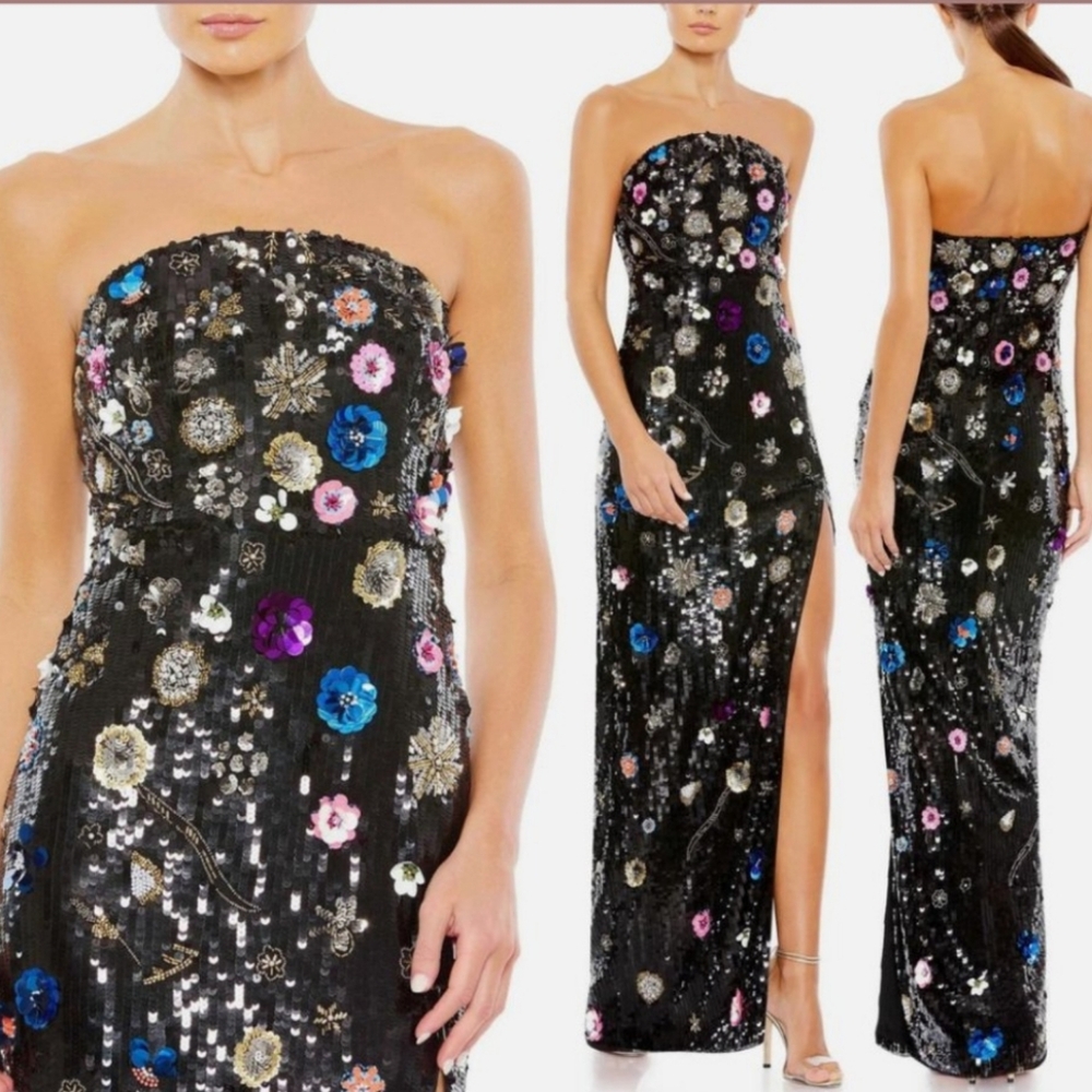 MAC DUGGAL 93695 FLORALSEQUINED STRAPLESS COUMNBLACK MULTI GOWN